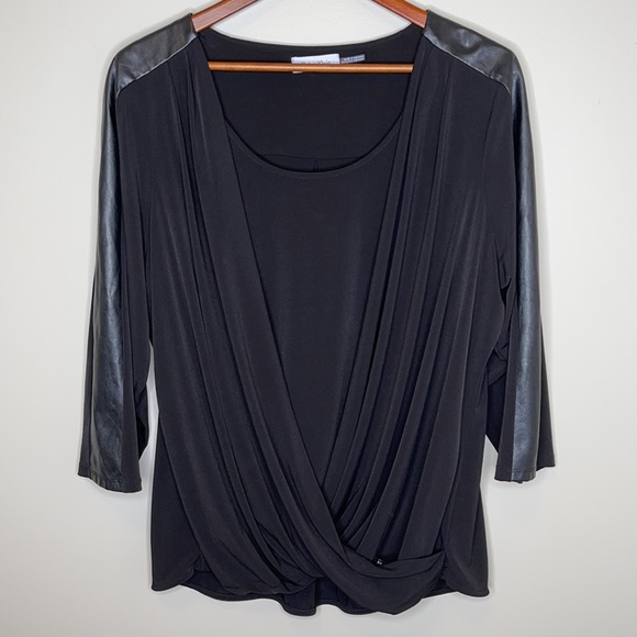 Calvin Klein Tops - Calvin Klein black crossover fooler faux leather trim detail sleeve top Size 1X